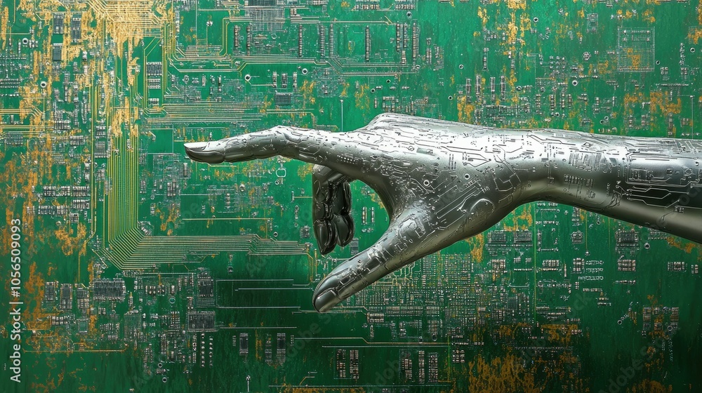 Poster metallic ai hand reaching towards digital interface with circuit board details
