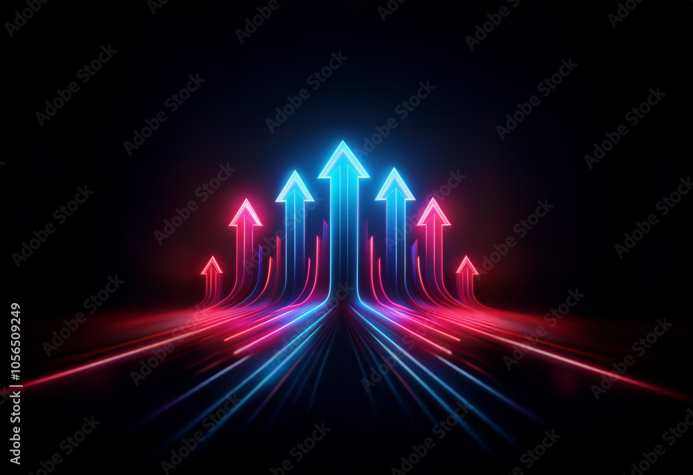 Poster a dark background with several bright neon arrows pointing upwards, suggesting growth and progress.