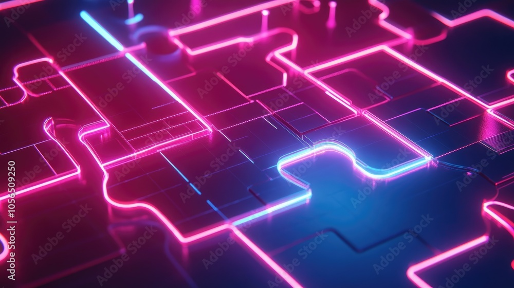 Poster modern puzzle piece background with glowing tech lines, digital integration and connectivity