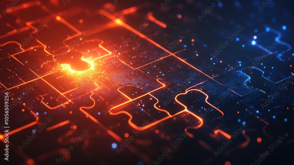 Poster modern puzzle piece background with glowing tech lines, digital integration and connectivity