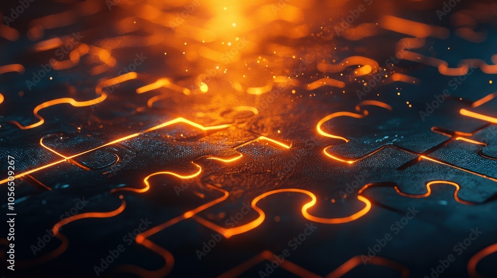 Poster Modern puzzle piece background with glowing tech lines, digital integration and connectivity