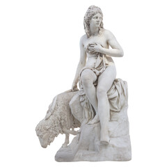 Stone statue of Aphrodite Greek goddess of love with sheep pet monument isolated on white background