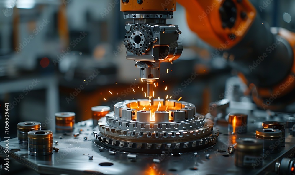 Poster a robotic arm performs precision machining on a metallic component, producing sparks in an industria