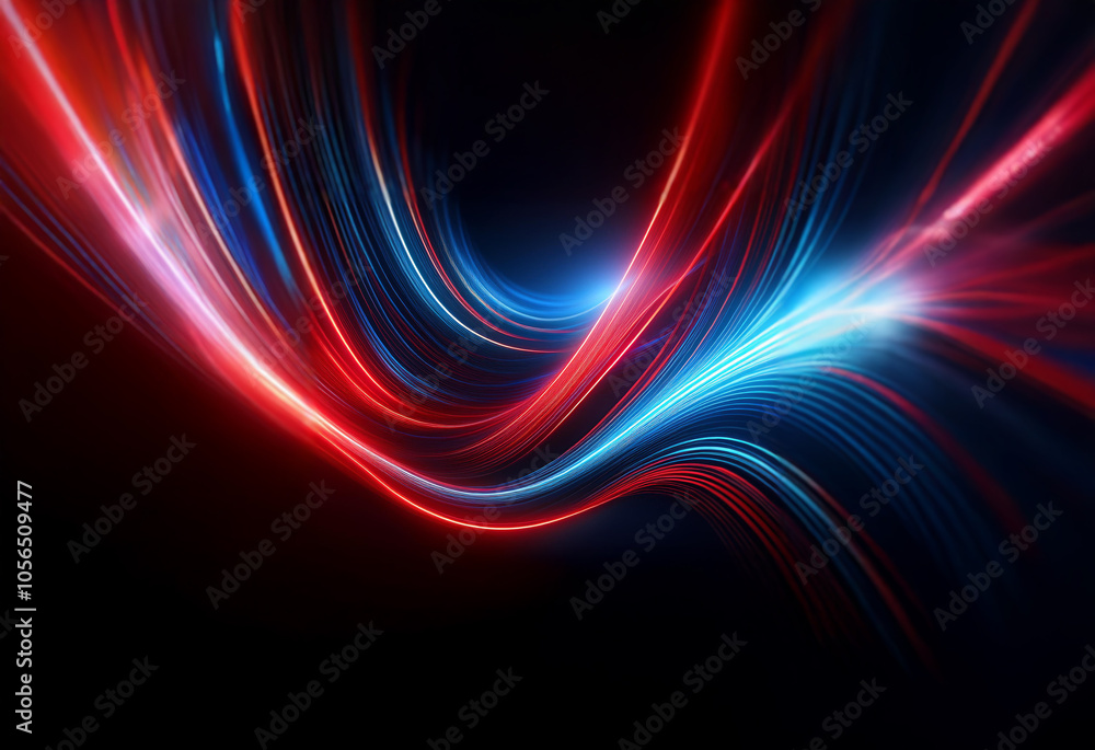 Poster abstract artwork with vibrant red and blue lines swirling on a black background.