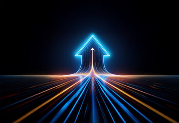 A glowing neon arrow pointing upward on a dark background, with lines of light converging toward the arrow, representing a path forward.