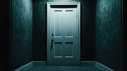 A dimly lit hallway features a solitary, closed door, inviting curiosity and a sense of mystery.