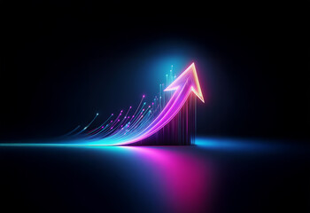 A glowing neon arrow points upward against a dark background, symbolizing growth and progress.