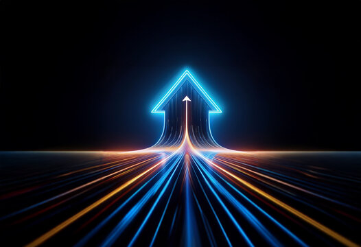 A glowing neon arrow pointing upward on a dark background, with lines of light converging toward the arrow, representing a path forward.