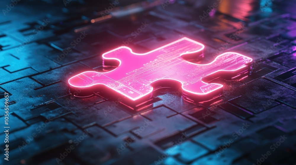 Poster Puzzle piece concept with neon lights, digital lines representing tech and API integration