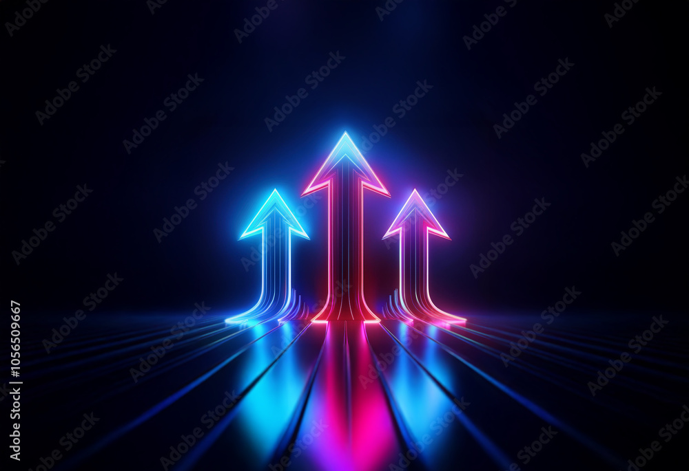 Poster Three glowing neon arrows point upward on a reflective dark surface.