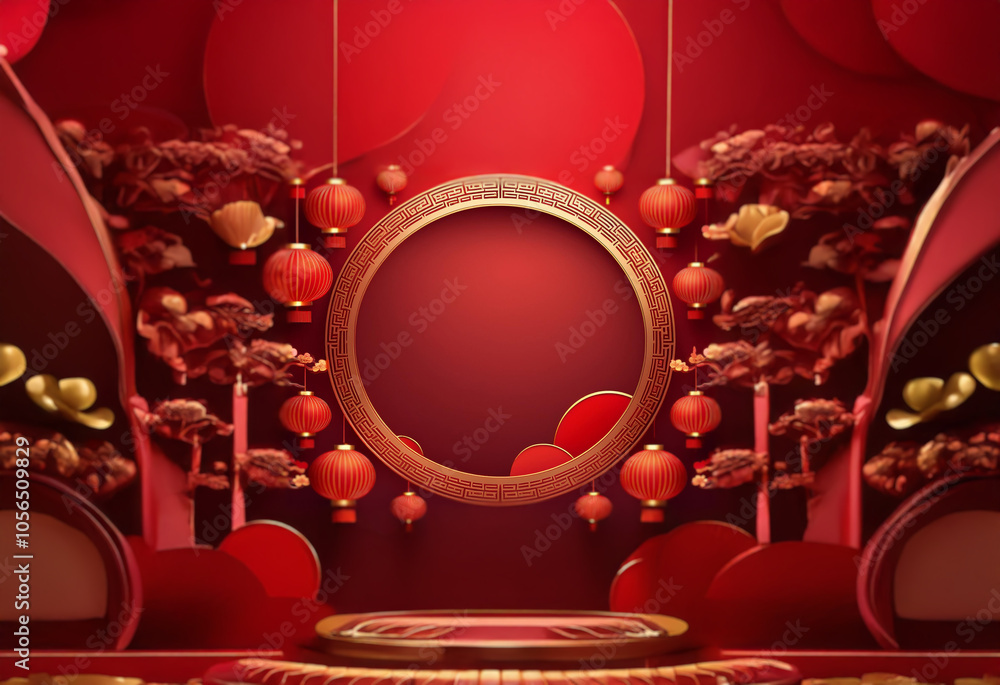 Aufkleber red and gold festive decorations with a circular frame and podium in the center.