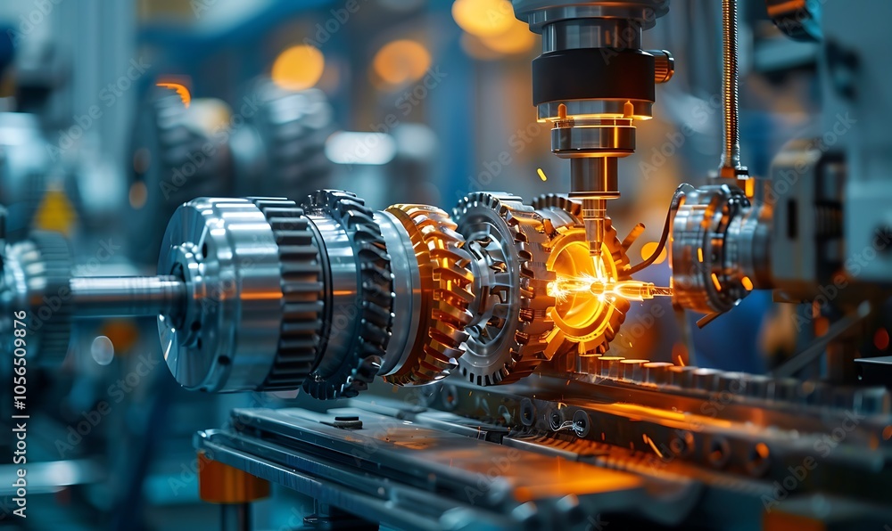 Poster A close-up view of a precision machinery setup with gears and metal components, showcasing intricate engineering and a dynamic manufacturing process.