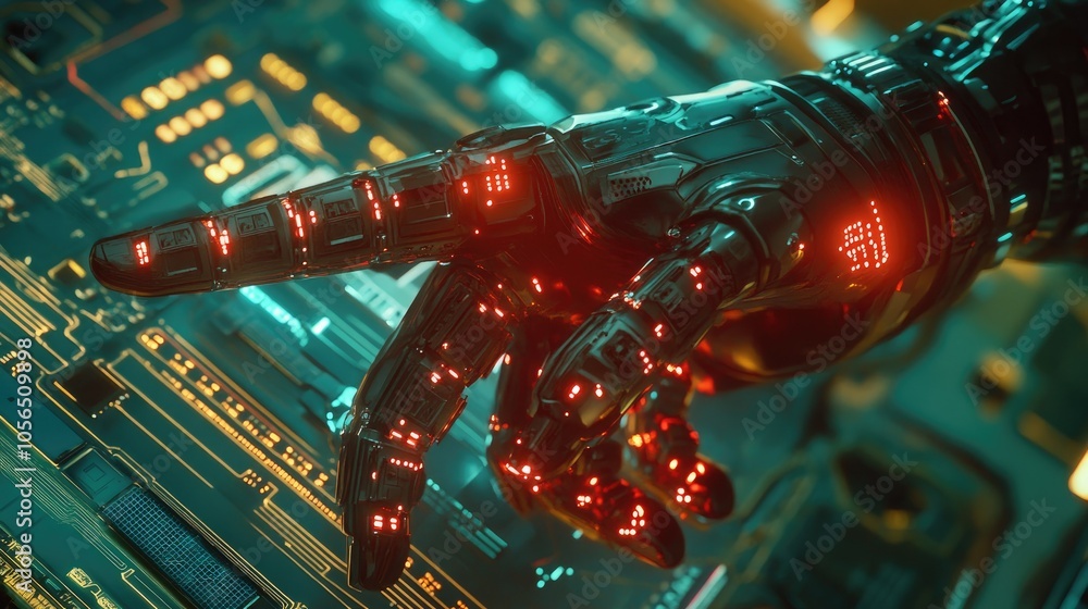Poster Robot hand with LED-lit fingers pointing to digital circuit board, futuristic tech theme