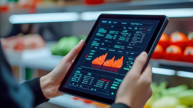 A person analyzes digital data on a tablet while surrounded by fresh produce in a grocery store setting. - Powered by Adobe