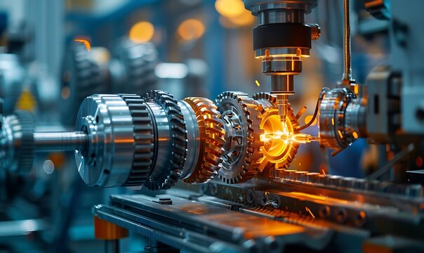 A close-up view of a precision machinery setup with gears and metal components, showcasing intricate engineering and a dynamic manufacturing process.