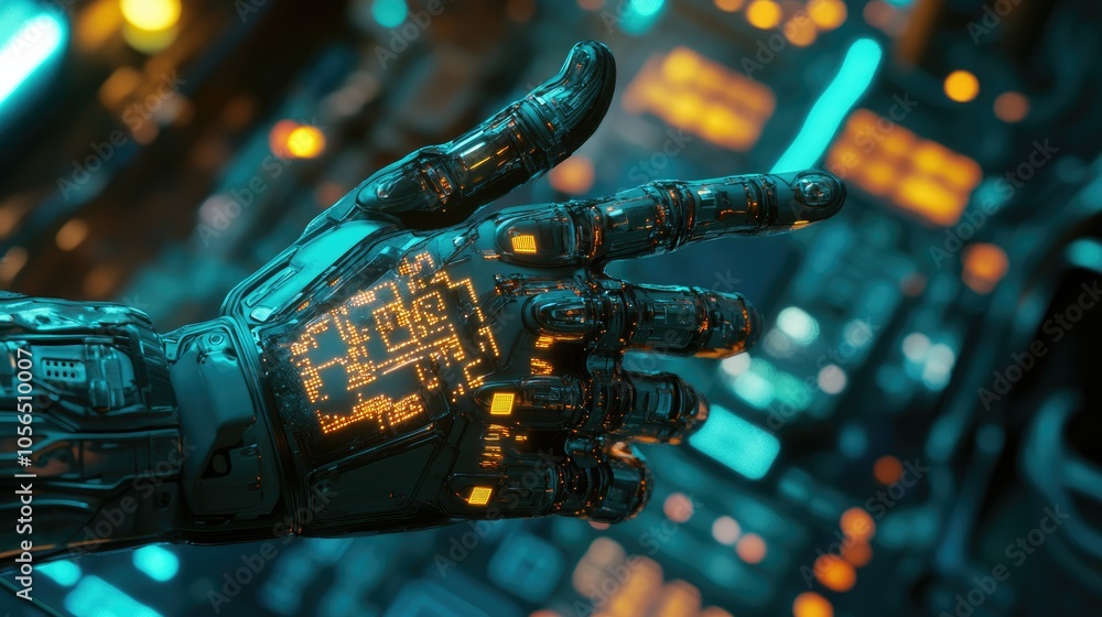 Poster Robotic hand with glowing circuits pointing towards digital technology background