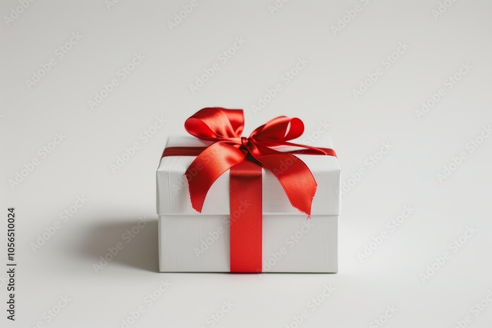 Poster a white box with a red ribbon on top. the box is empty and ready to be opened