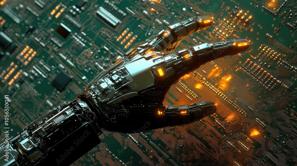 Aufkleber Robotic hand with glowing tips pointing at high-tech circuit board background