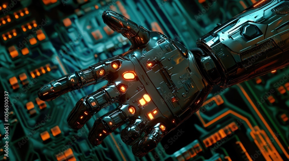 Fototapete robotic hand with glowing tips pointing at high-tech circuit board background