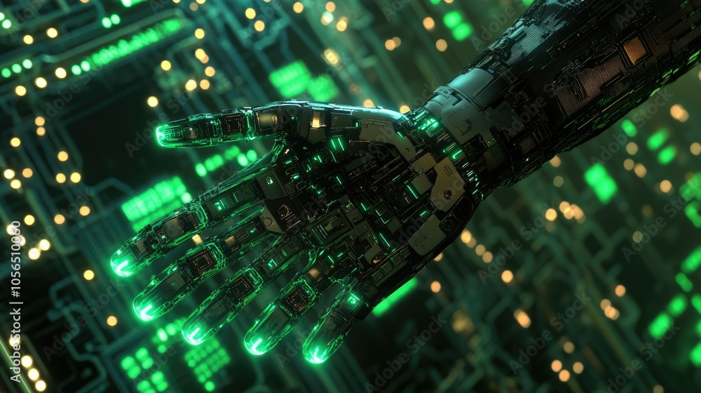 Poster Robotic hand with glowing tips pointing at high-tech circuit board background