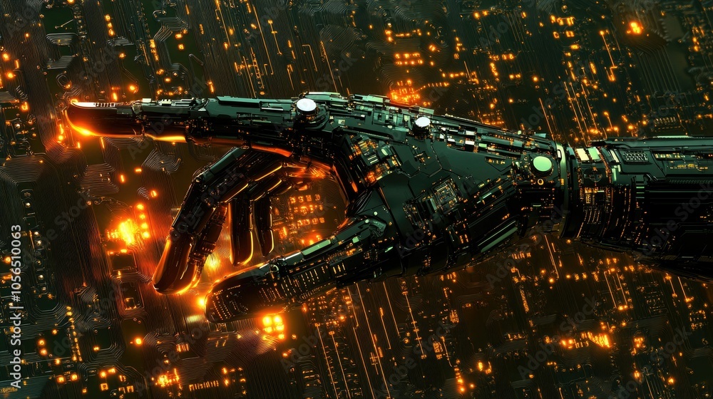 Poster Robotic hand with glowing tips pointing at high-tech circuit board background