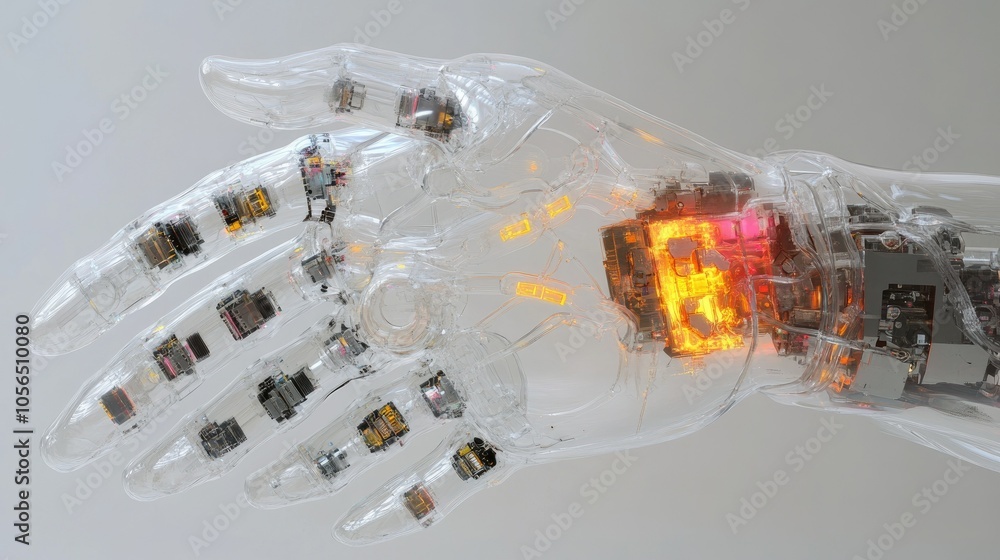 Poster robotic hand with transparent structure, revealing internal components and glowing circuits