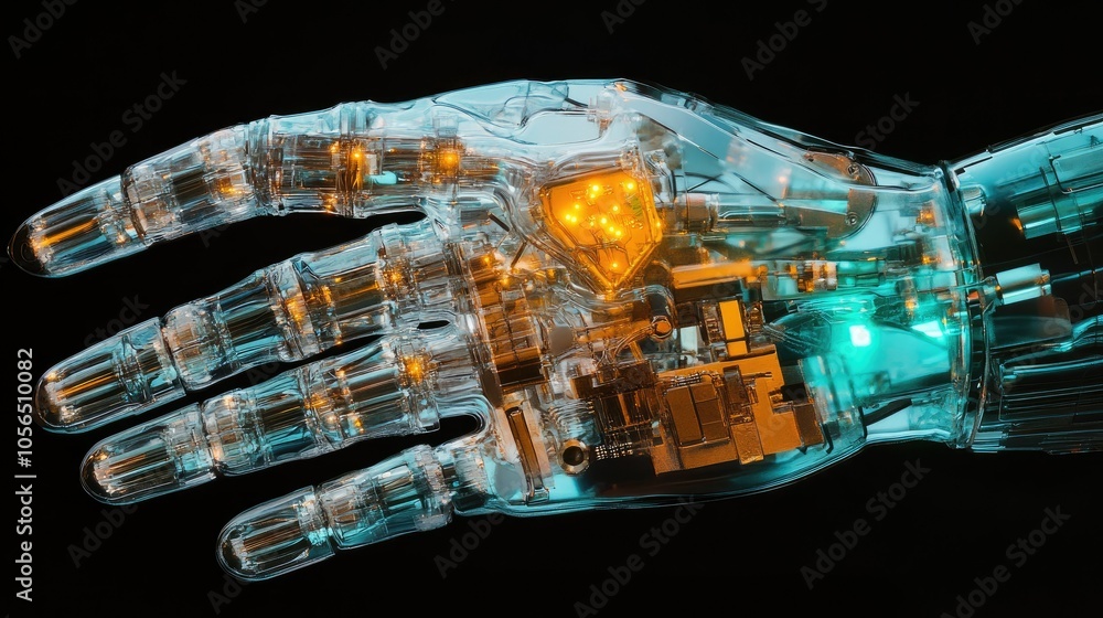 Poster Robotic hand with transparent structure, revealing internal components and glowing circuits
