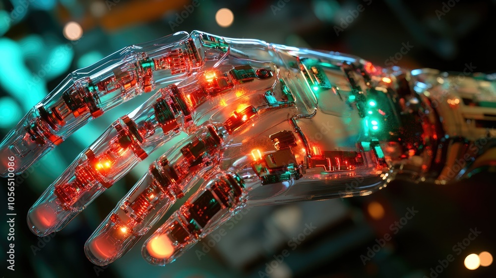 Poster robotic hand with transparent structure, revealing internal components and glowing circuits