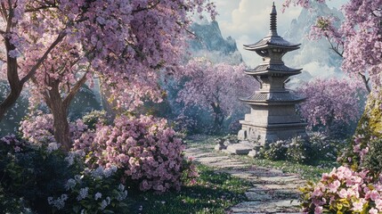 Obraz premium Serene Pagoda Amidst Blooming Cherry Blossoms