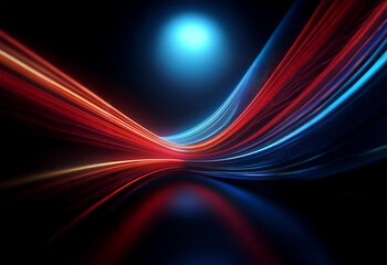Fototapeta premium Abstract art with glowing red, blue and yellow streaks of light forming a wave-like pattern with a bright blue orb in the background.