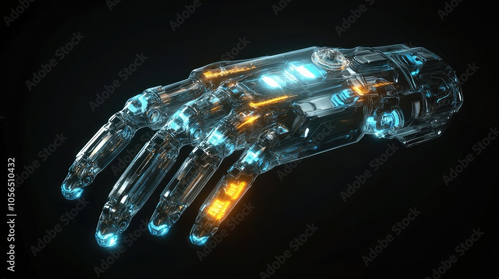 Poster transparent robot hand with advanced design and glowing technology accents on dark background