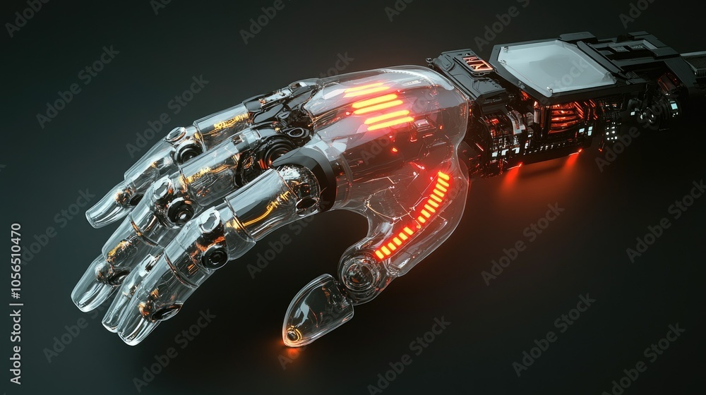 Poster transparent robot hand with advanced design and glowing technology accents on dark background