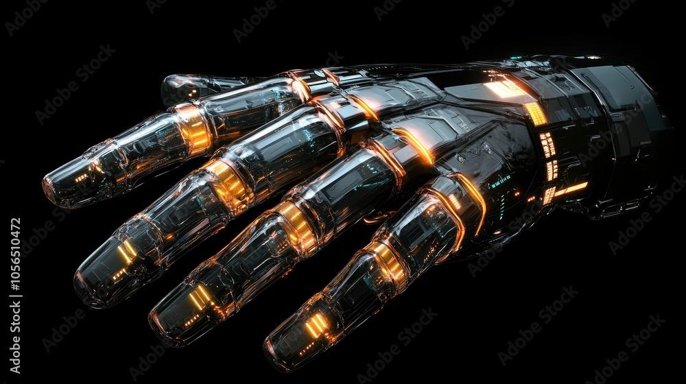 Poster transparent robot hand with advanced design and glowing technology accents on dark background