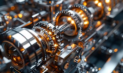 A close-up of intricate metallic gears with a glowing design, showcasing advanced engineering and precision in machinery.