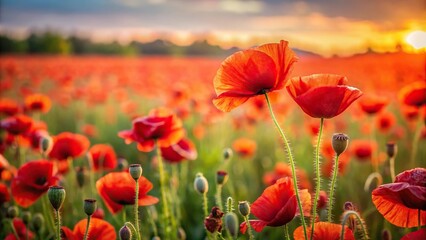 Naklejka premium Abstract field of poppy flowers with forced perspective