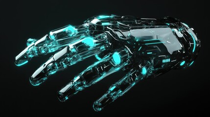 Transparent robot hand with advanced design and glowing technology accents on dark background
