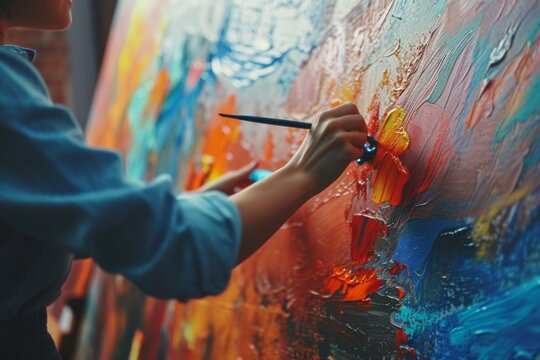 Innovative female artist creates vibrant abstract artwork in her studio during a bright afternoon