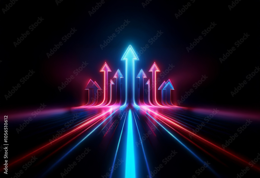 Poster a dark background with multiple glowing neon arrows pointing upwards in a forward direction.