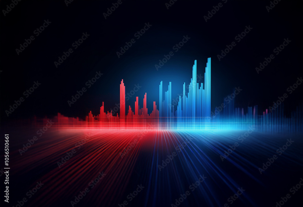 Poster a dark abstract background with a cityscape in the distance, glowing with red and blue neon light. t