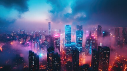Obraz premium Vibrant cyberpunk city skyline with colorful lights and futuristic buildings under a smoky sky