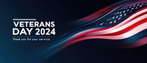 A Vibrant and Beautiful Social Media Graphic Celebrating US Veterans with Flowing American Flag and "Veterans Day 2024" in Bold, Featuring "Thank You for Your Service" in Elegant Font to Honor