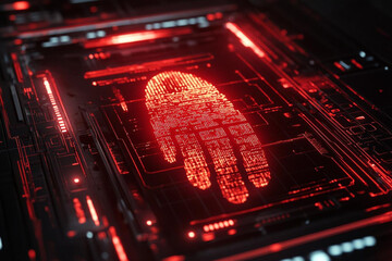 Fingerprint scan on a futuristic touch screen. Bio metric security concept representing security and technology.