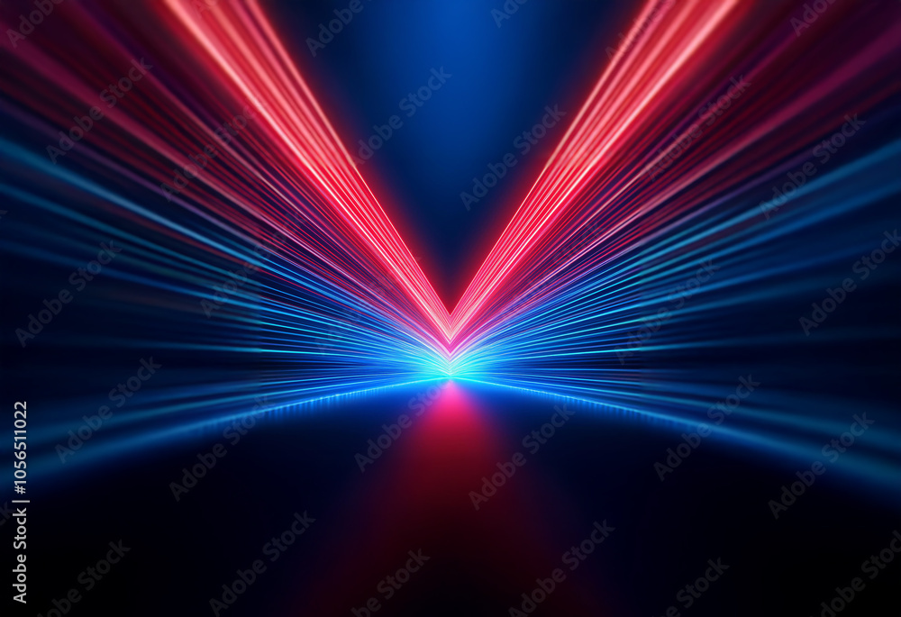 Aufkleber Abstract image of red and blue light streaks converging to form a V-shaped pattern on a black background.