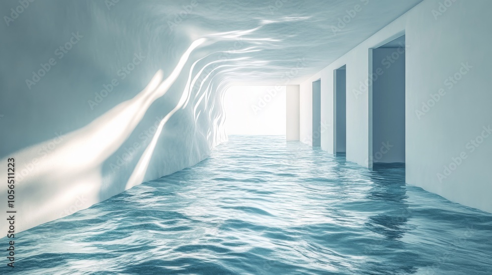 Poster A modern hallway partially submerged in water with soft natural light creating a serene and dreamlike atmosphere.