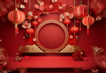 A red and gold podium with hanging lanterns and falling cherry blossoms.
