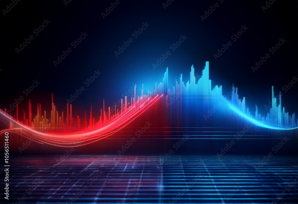 Aufkleber two abstract waves of red and blue light intersect, forming a digital cityscape on a dark background