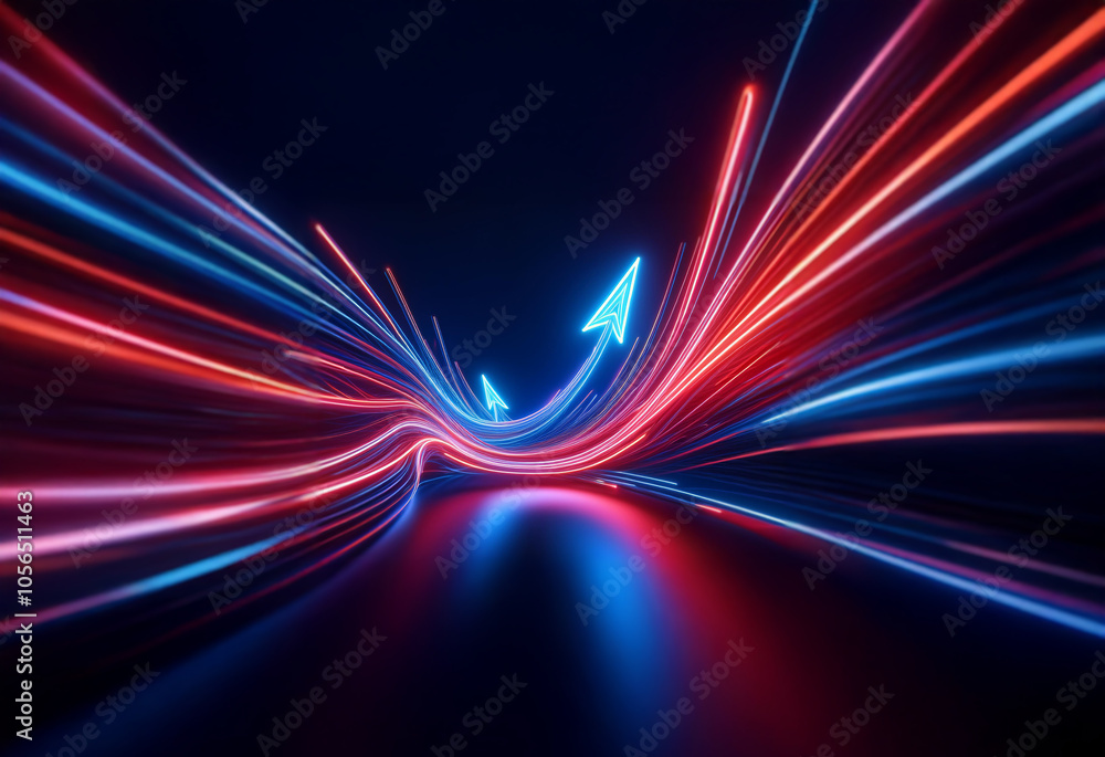 Poster abstract illustration of blue and red neon light streaks in the shape of arrows, creating a sense of