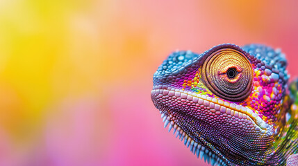 Obraz premium Reptile coloring in trendy colors.Colorful chameleon with bright skin and unique ability to change color.Trendy,trendy,wild reptile for projects related to nature,wildlife and reptiles.