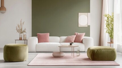 A modern living room with white walls, a green accent wall, and blush pink cushions on a white sofa