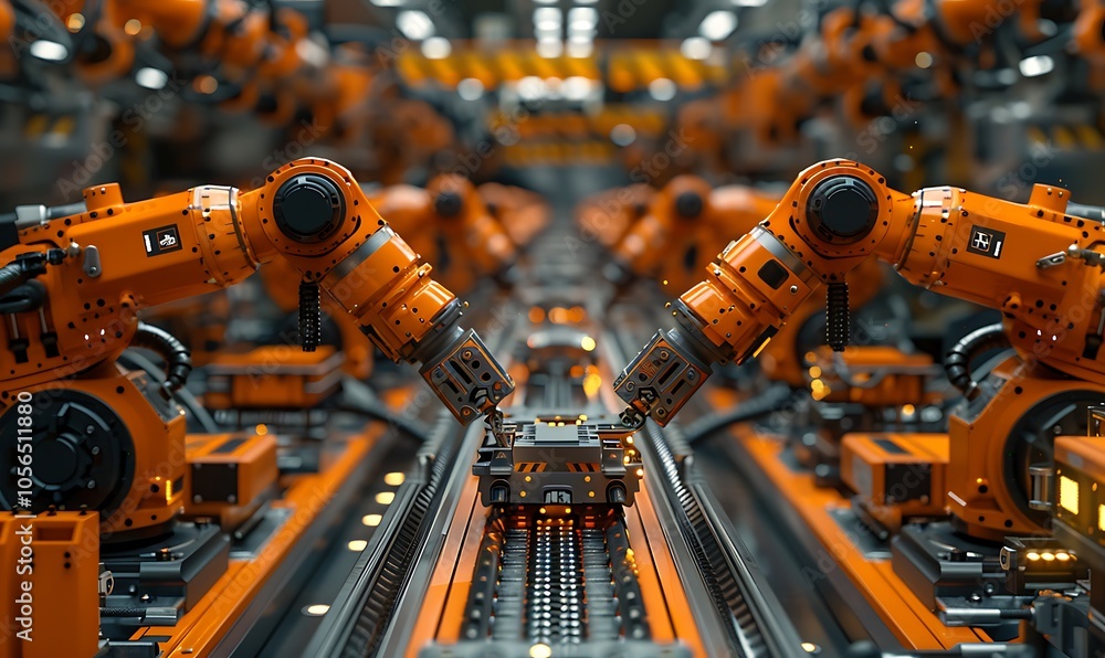 Aufkleber An advanced factory scene showcasing multiple orange robotic arms working collaboratively on a production line.